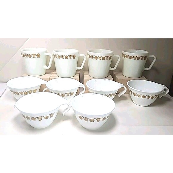 Vintage Set Of  10 Corelle/Pyrex Butterfly Gold Coffee Cups / Creamer & Sugar - Picture 1 of 6